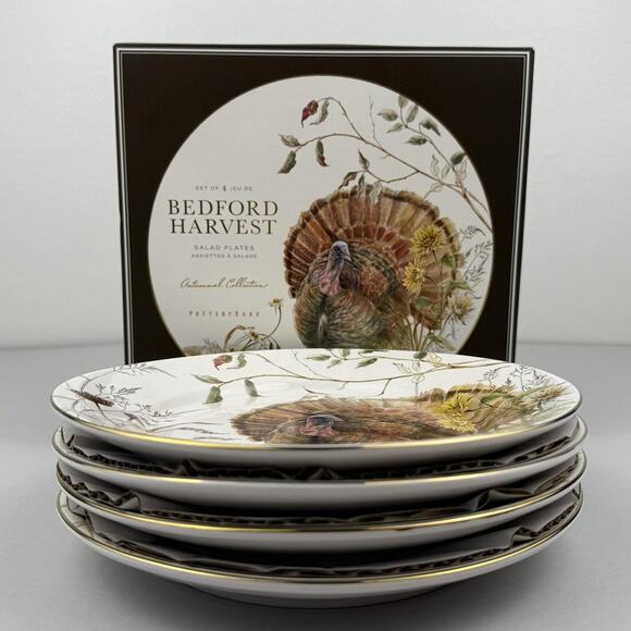 Pottery Barn Bedford Harvest Salad Plates Set of 4 Turkey Thanksgiving Fall - Picture 2 of 10